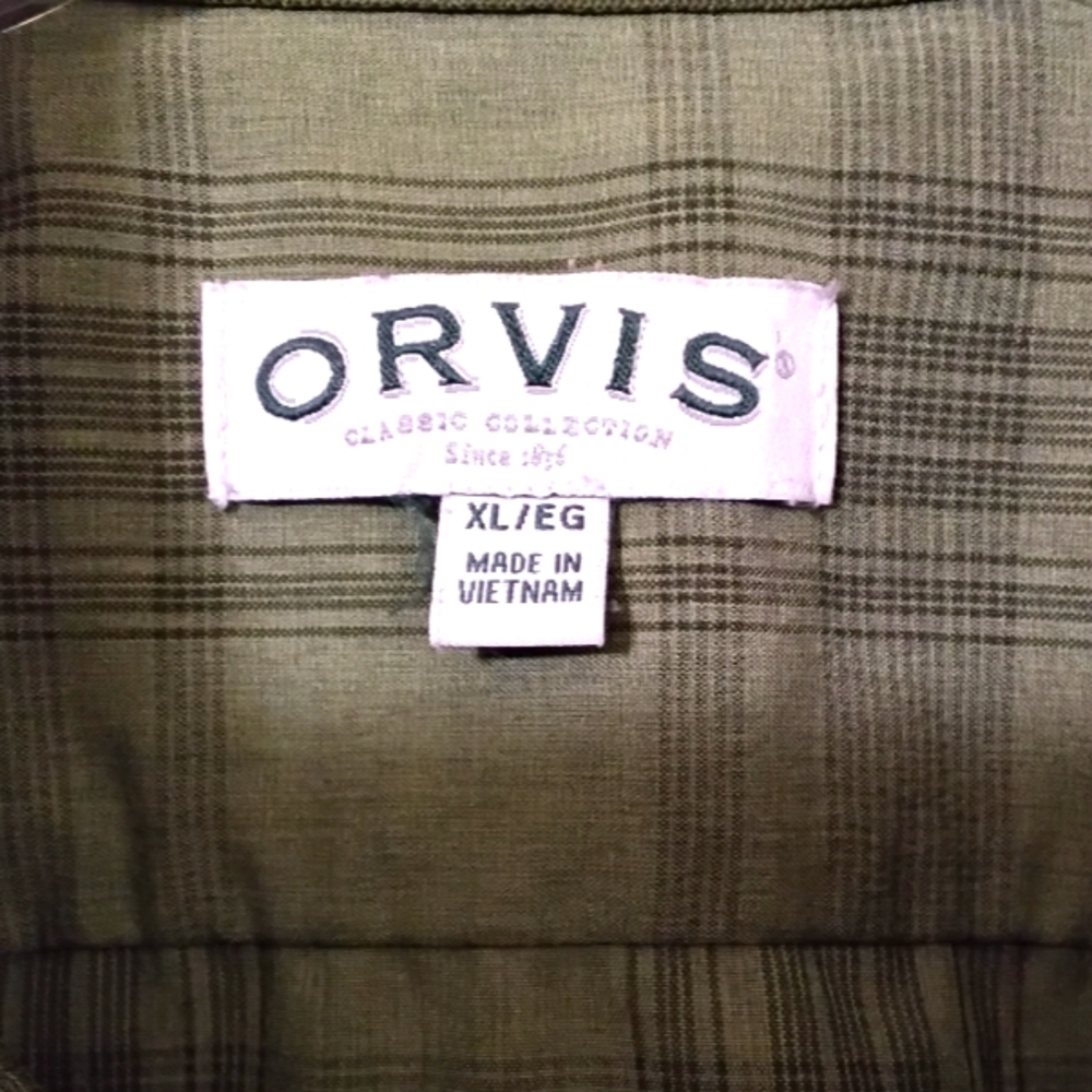 Orvis Shirt Men's XL Green Plaid Satin Button Down Pockets Hiking Safari - Picture 5 of 10